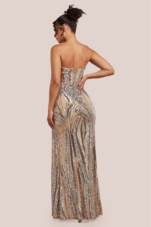 Goddiva Strapless Multi Sequin Maxi Dress - Champagne By Goddiva