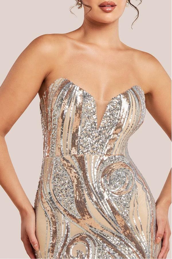 Goddiva Strapless Multi Sequin Maxi Dress - Champagne By Goddiva