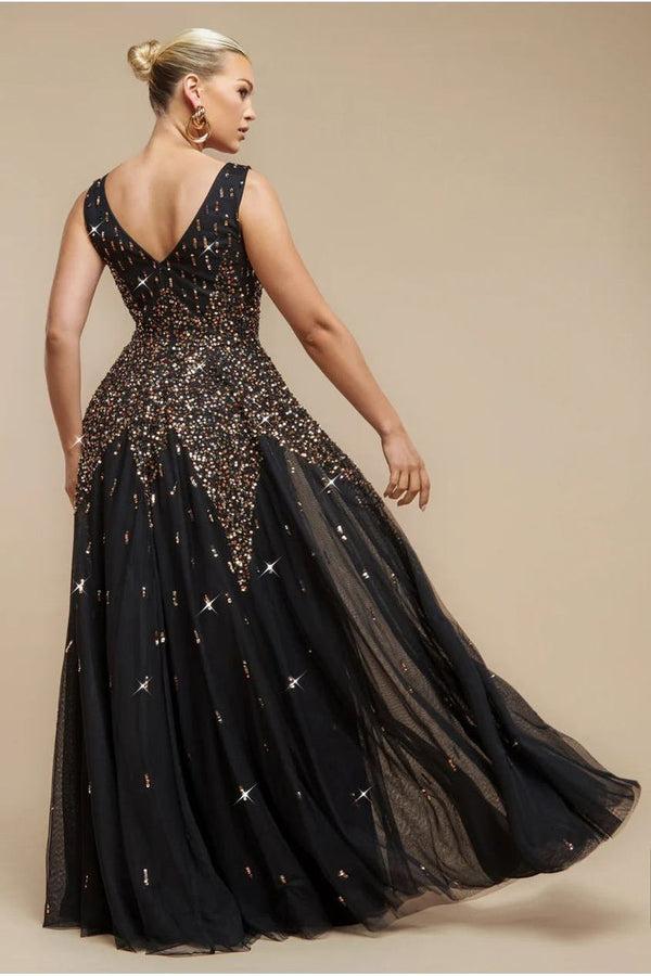 Goddiva Sunray Hand Embellished Sequin A-Line Sleeveless Maxi Dress - Black By Goddiva