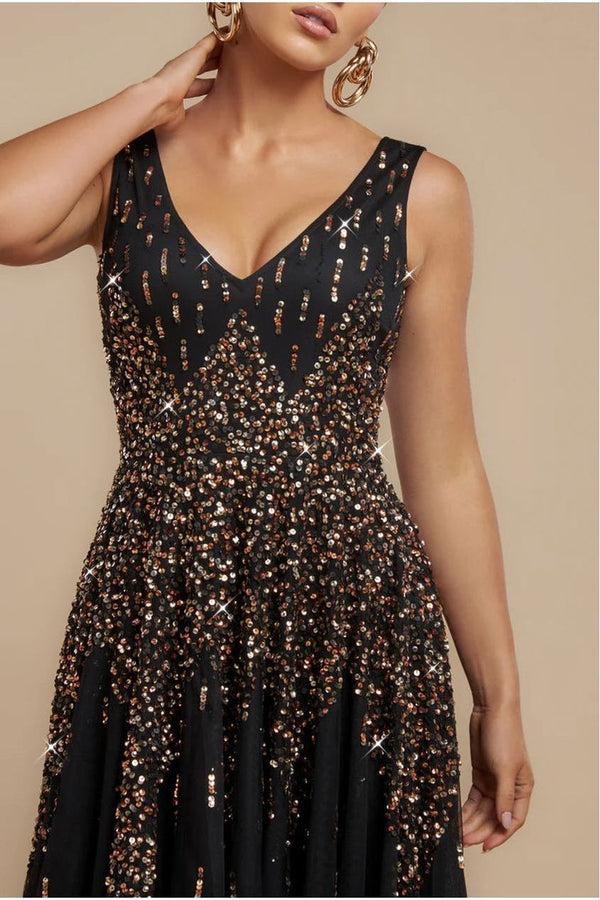 Goddiva Sunray Hand Embellished Sequin A-Line Sleeveless Maxi Dress - Black By Goddiva
