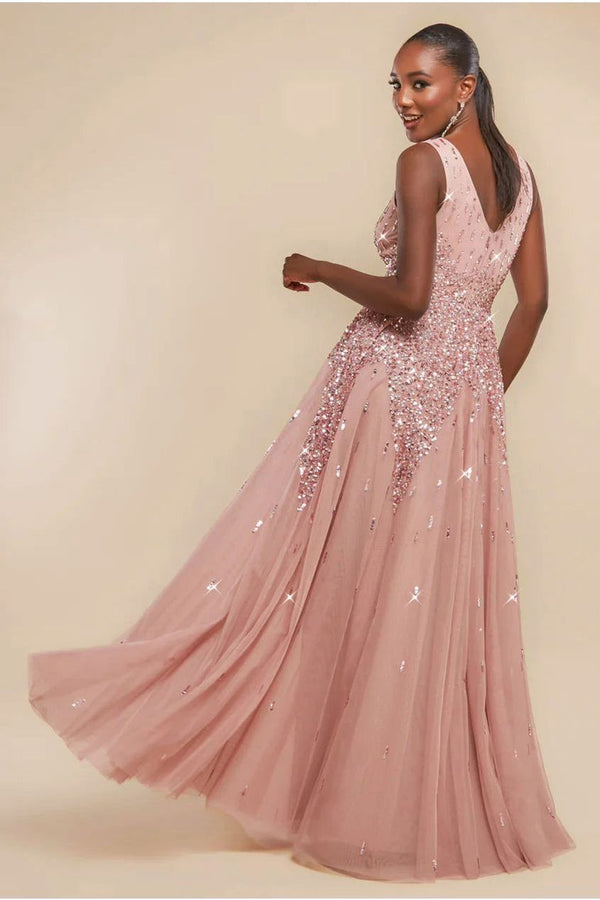 Goddiva Sunray Hand Embellished Sequin A-Line Sleeveless Maxi Dress - Blush Pink By Goddiva