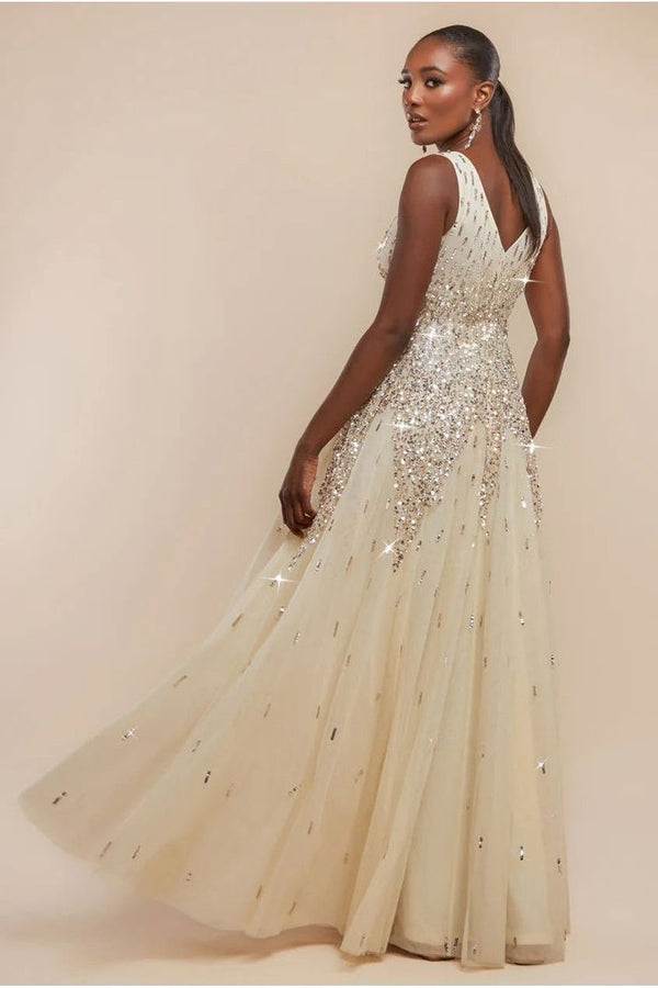 Goddiva Sunray Hand Embellished Sequin A-Line Sleeveless Maxi Dress - Ivory By Goddiva