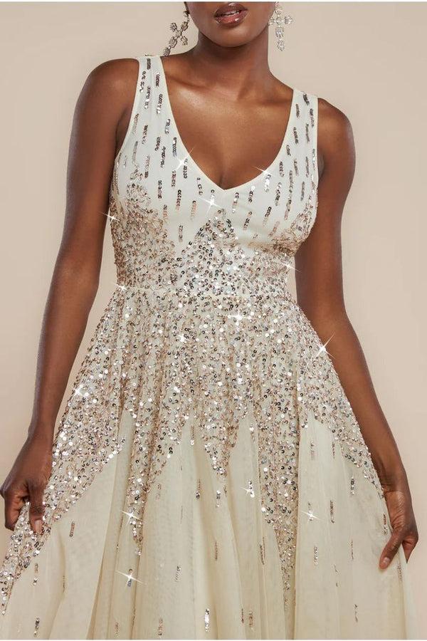 Goddiva Sunray Hand Embellished Sequin A-Line Sleeveless Maxi Dress - Ivory By Goddiva