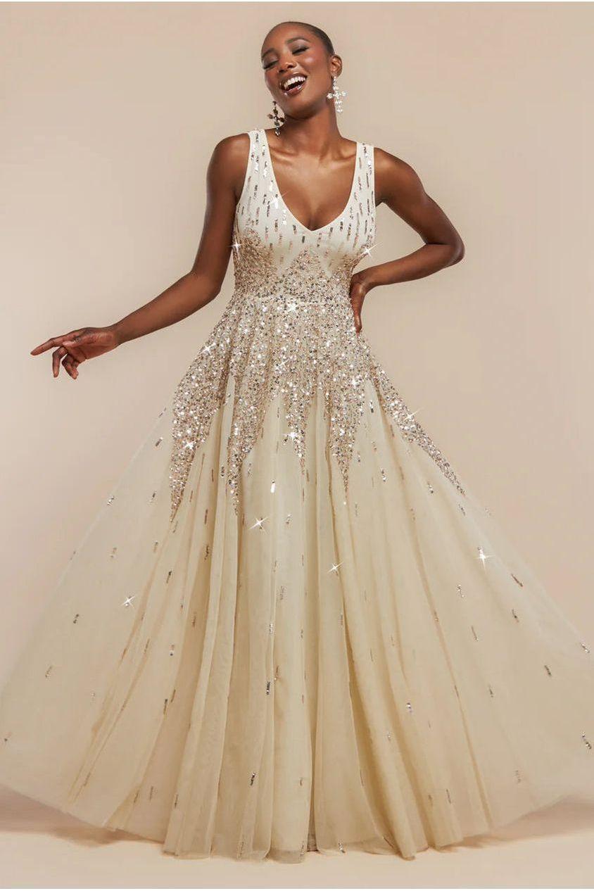 goddiva Sunray Hand Embellished Sequin A-Line Sleeveless Maxi Dress - Ivory by Goddiva