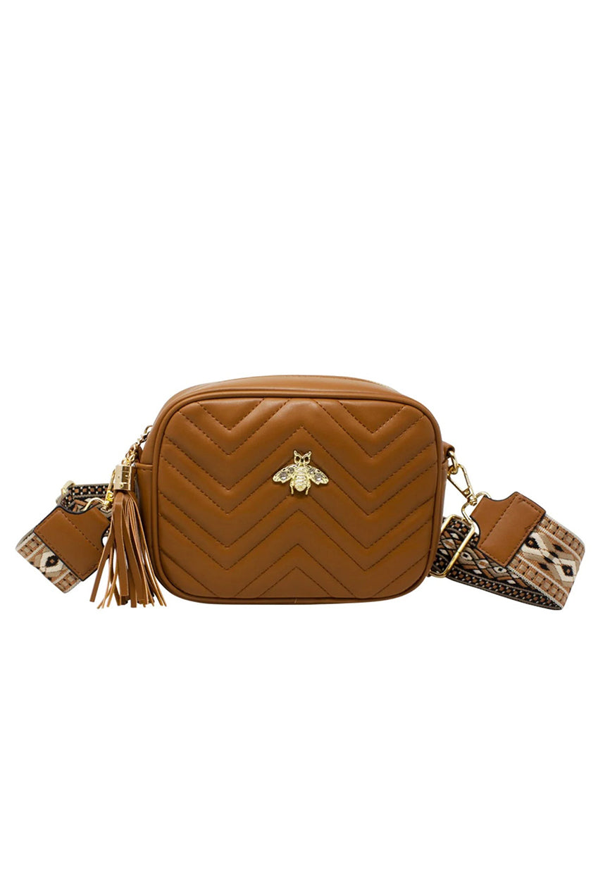 goddiva Tan Brown Bee Embellished Camera Bag by SVNX