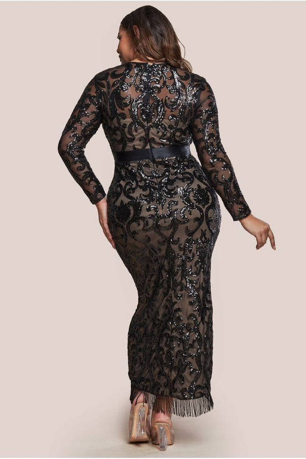 Goddiva Tassel & Sequin Maxi With Front Split - Black By Goddiva Plus