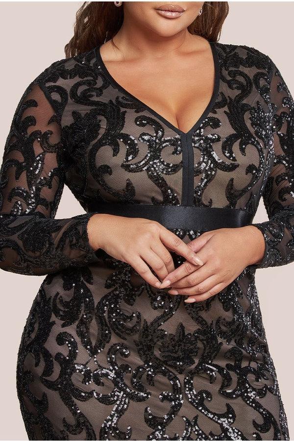 Goddiva Tassel & Sequin Maxi With Front Split - Black By Goddiva Plus