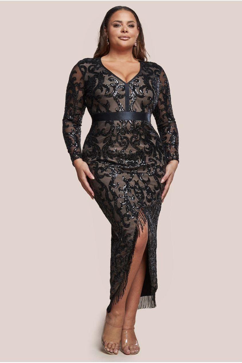 goddiva Tassel & Sequin Maxi With Front Split - Black by Goddiva Plus