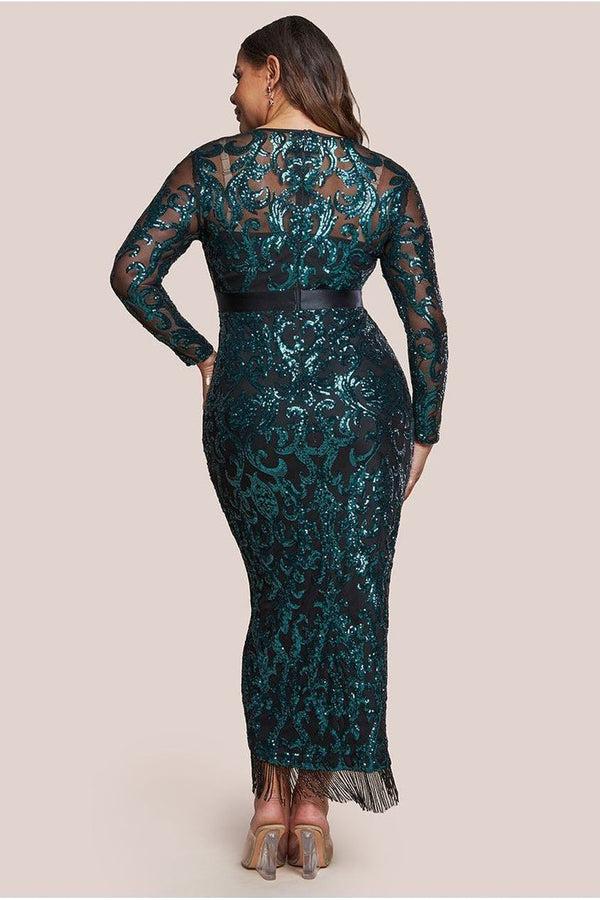 Goddiva Tassel & Sequin Maxi With Front Split - Emerald Green By Goddiva Plus