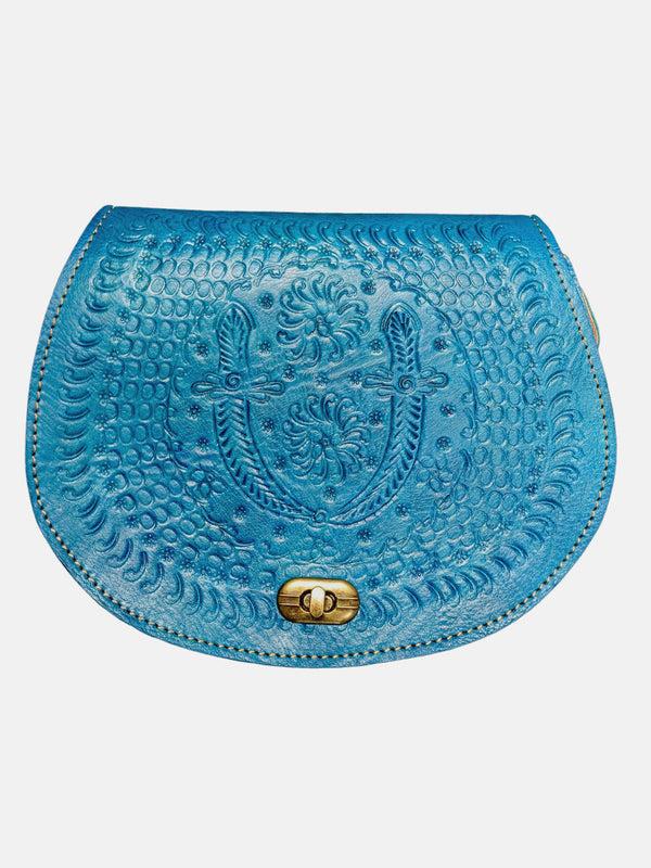 Goddiva The Temara Embossed Saddle Bag In Bright Blue By Berber Leather
