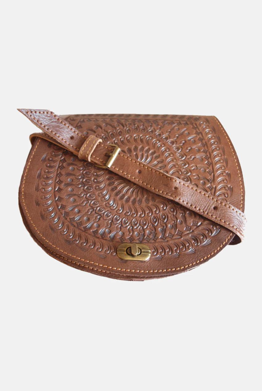 goddiva The Temara Embossed Saddle Bag In Brown by Berber Leather