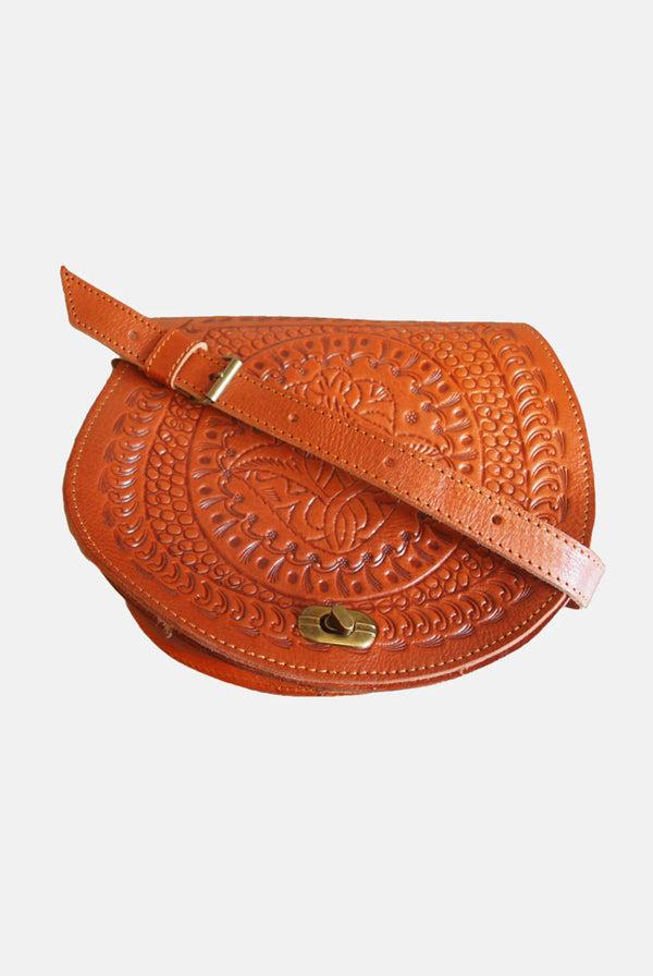 Goddiva The Temara Embossed Saddle Bag In Light Brown By Berber Leather