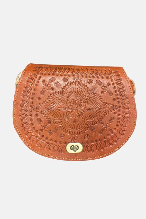 Goddiva The Temara Embossed Saddle Bag In Light Brown By Berber Leather
