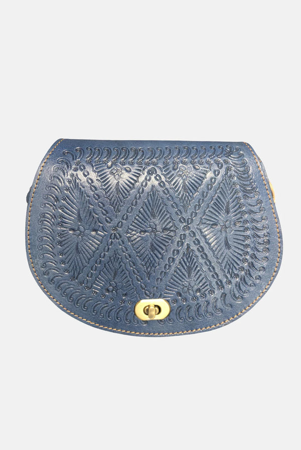 Goddiva The Temara Embossed Saddle Bag In Navy Blue By Berber Leather