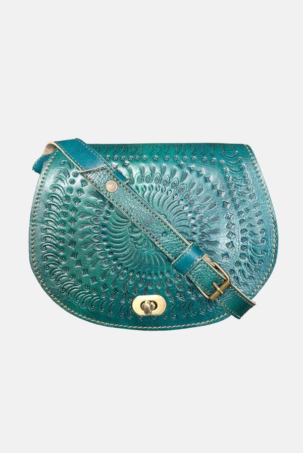 Goddiva The Temara Embossed Saddle Bag In Teal By Berber Leather