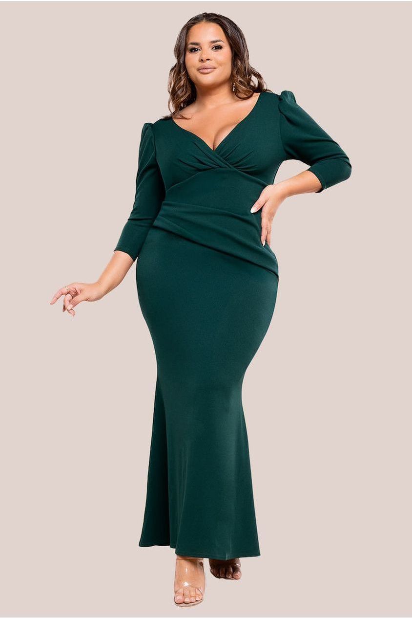 goddiva Three-Quarter Faux Wrap Neck Maxi Dress - Emerald Green by Goddiva Plus