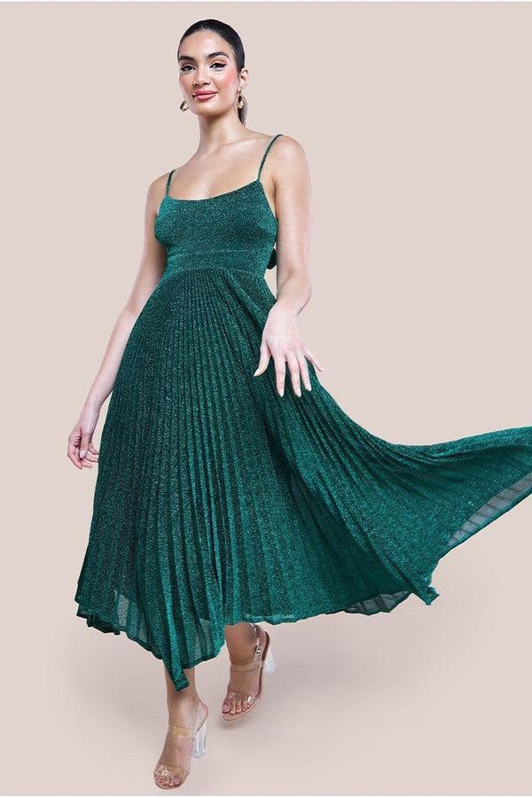 Goddiva Tie Back Pleated Lurex Skater Midi Dress - Emerald By Goddiva