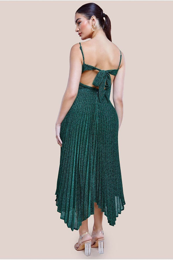 Goddiva Tie Back Pleated Lurex Skater Midi Dress - Emerald By Goddiva
