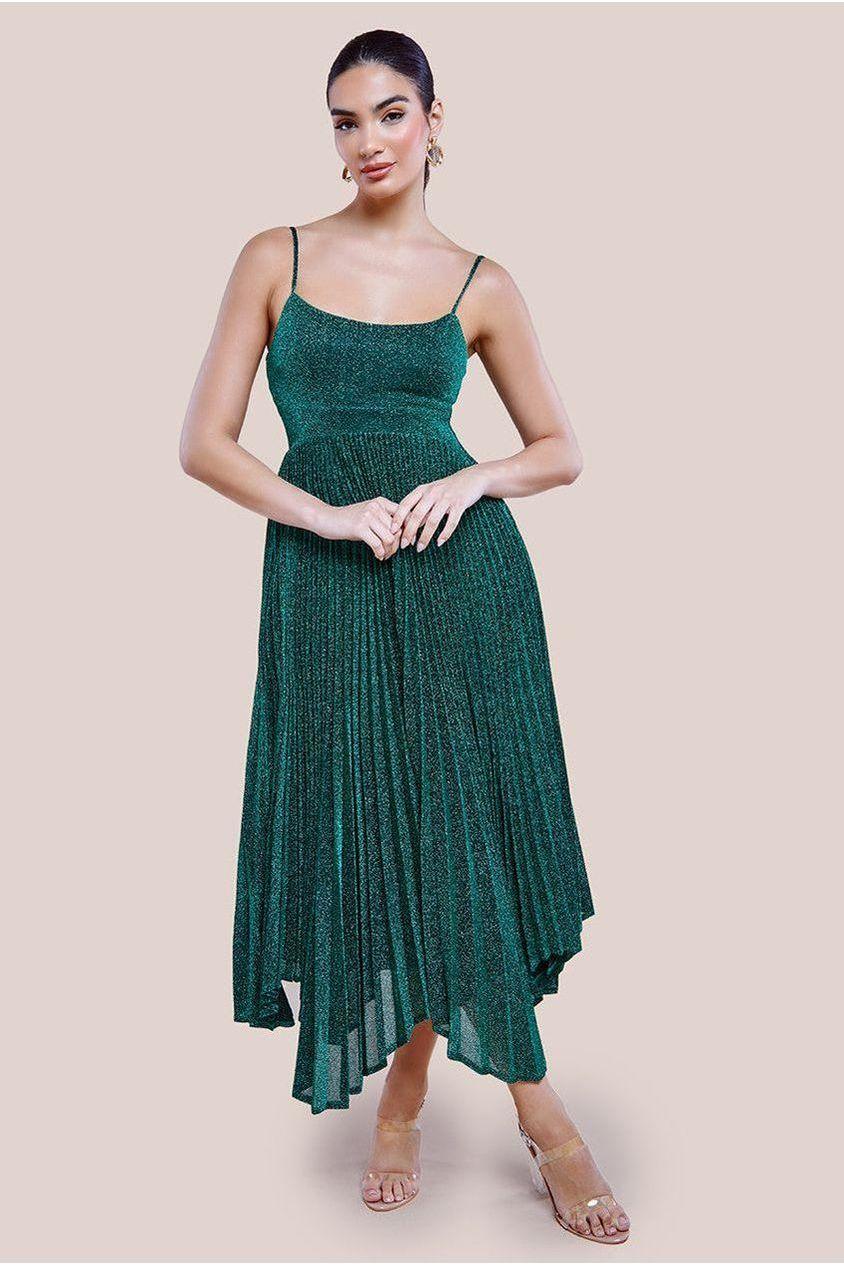 goddiva Tie Back Pleated Lurex Skater Midi Dress - Emerald by Goddiva