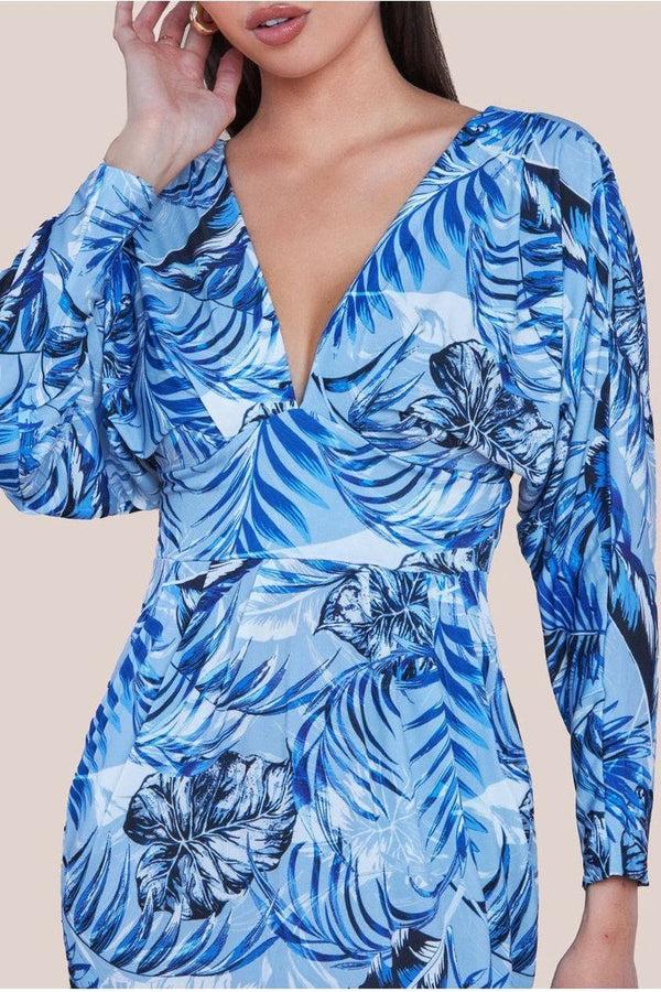 Goddiva Tropical Print Midi With Batwing Sleeves - Blue By Goddiva