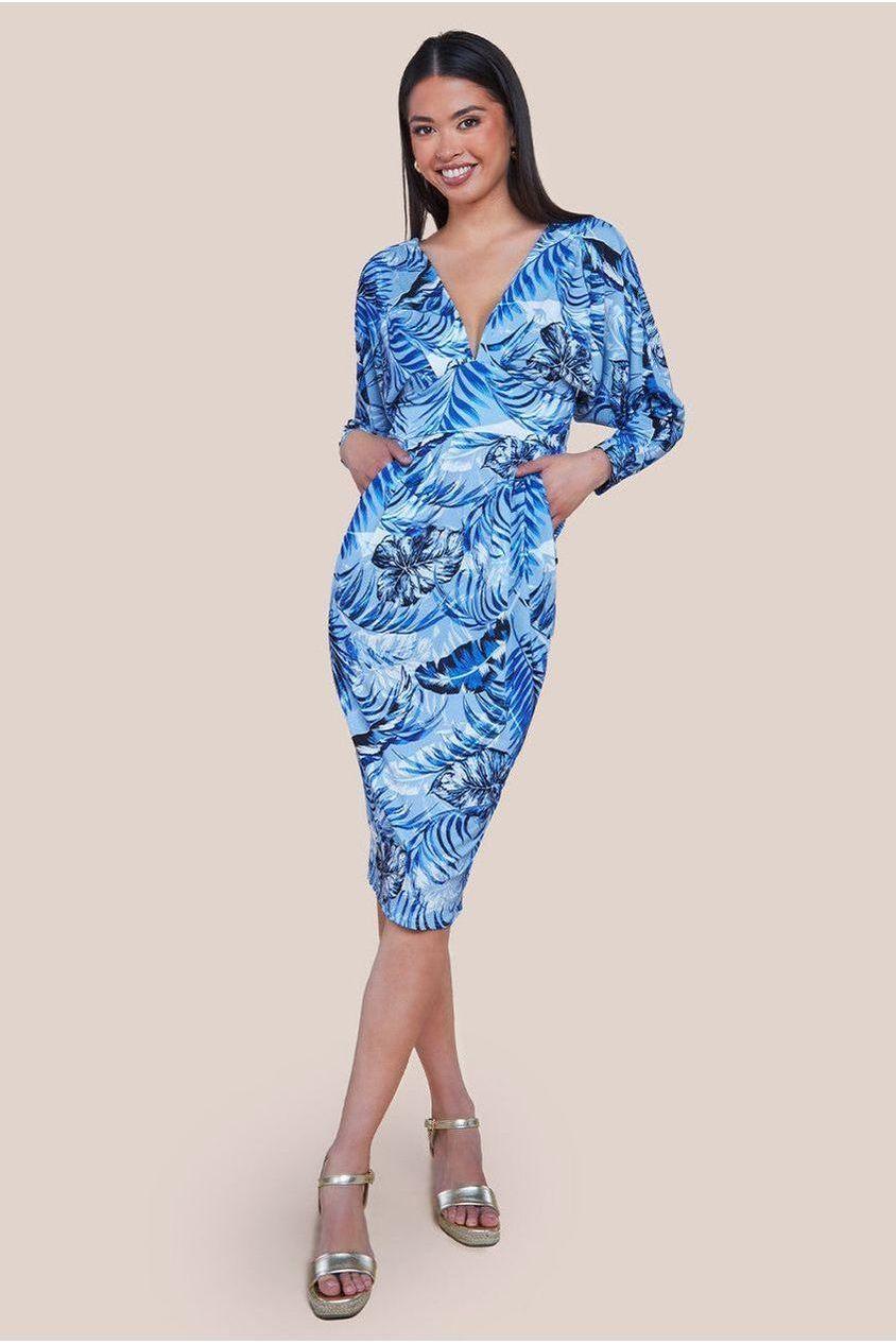 goddiva Tropical Print Midi With Batwing Sleeves - Blue by Goddiva