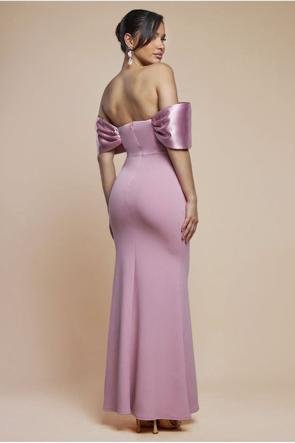 Goddiva Twist Knot Satin & Scuba Bardot Maxi Dress - Blush Pink By Goddiva