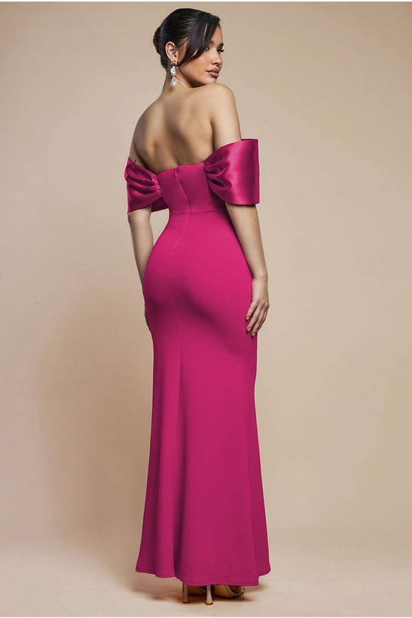 Goddiva Twist Knot Satin & Scuba Bardot Maxi Dress - Magenta By Goddiva