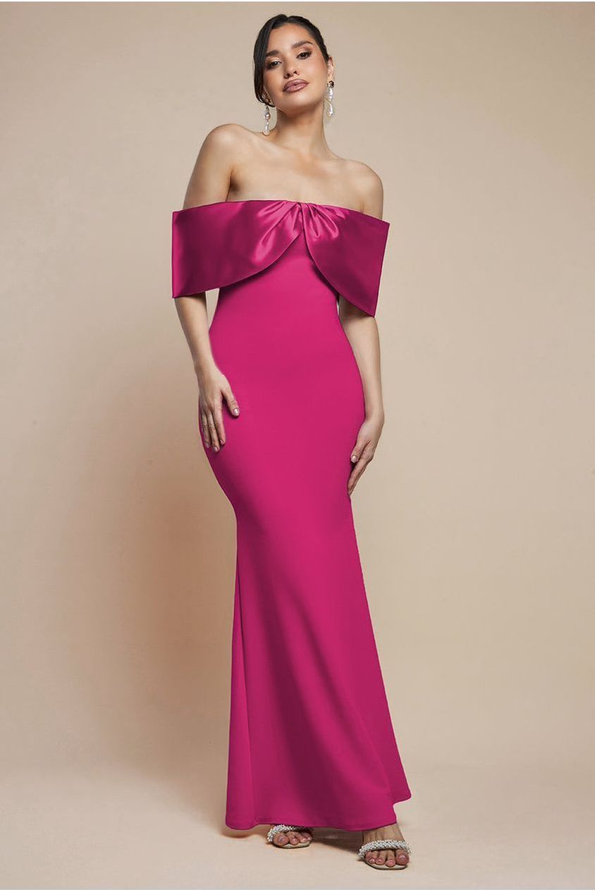 goddiva Twist Knot Satin & Scuba Bardot Maxi Dress - Magenta by Goddiva
