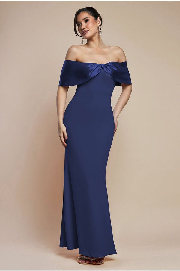 Goddiva Twist Knot Satin & Scuba Bardot Maxi Dress - Navy Blue By Goddiva