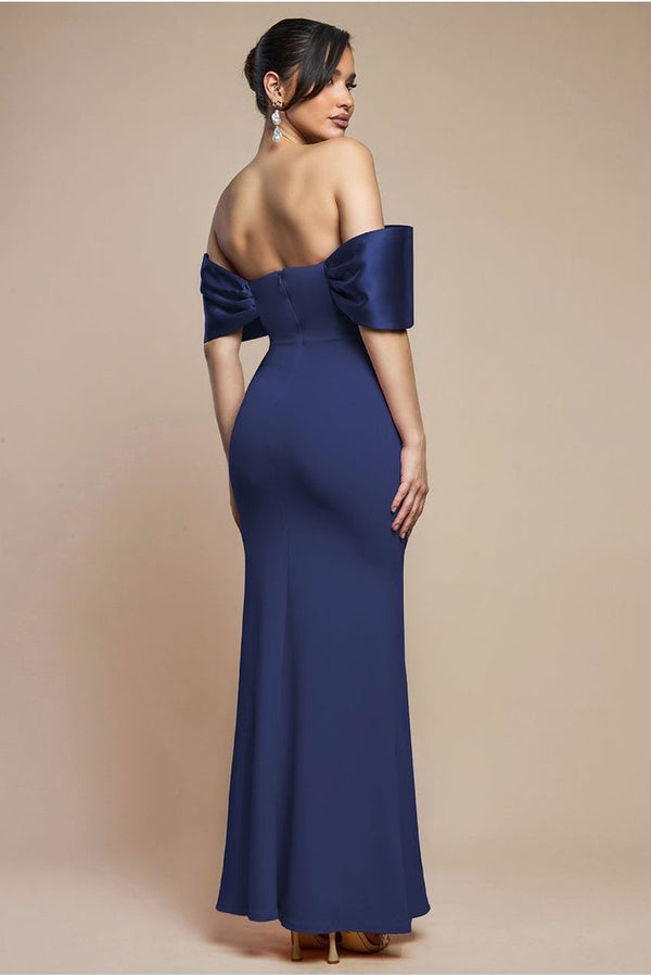 Goddiva Twist Knot Satin & Scuba Bardot Maxi Dress - Navy Blue By Goddiva