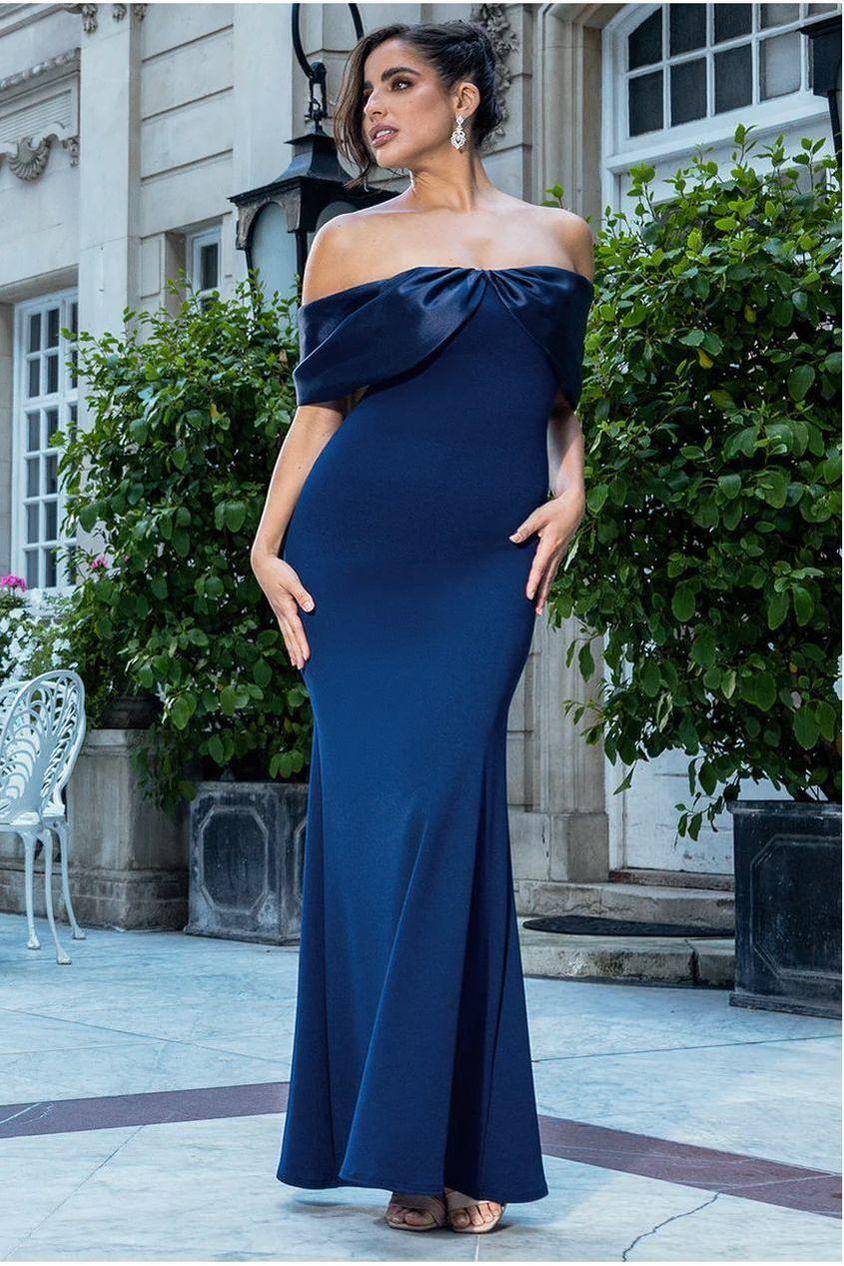 goddiva Twist Knot Satin & Scuba Bardot Maxi Dress - Navy Blue by Goddiva
