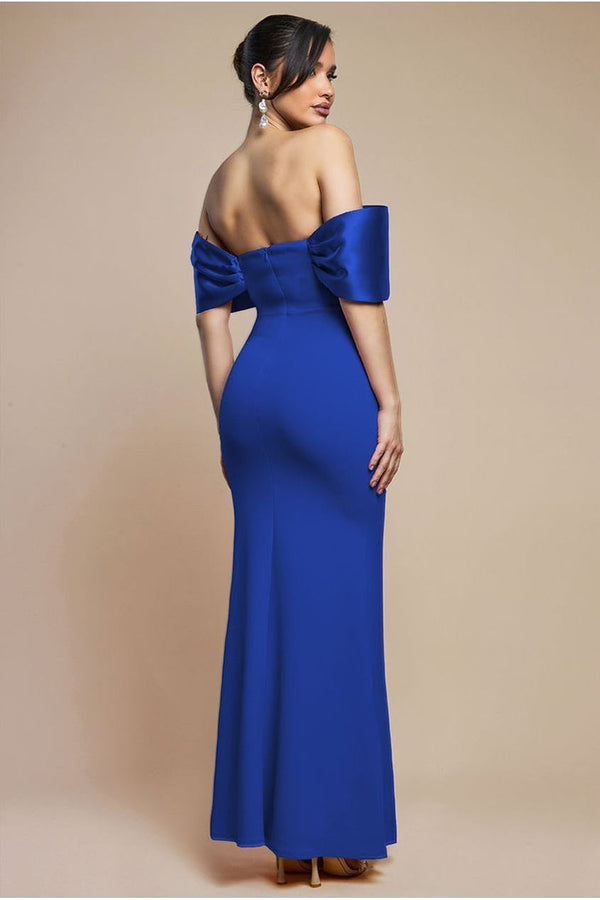 Goddiva Twist Knot Satin & Scuba Bardot Maxi Dress - Royal Blue By Goddiva