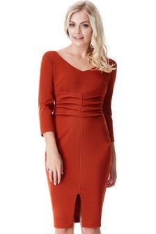 Goddiva V Neck Pleated Midi With Split Detail - Rust By Goddiva