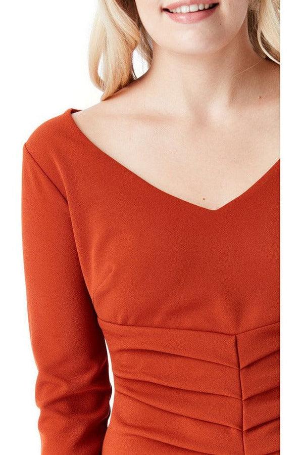 Goddiva V Neck Pleated Midi With Split Detail - Rust By Goddiva