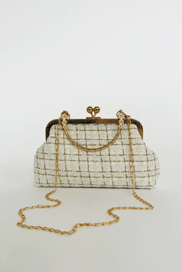 Goddiva White And Gold Boucle Cross Body Bag By SVNX