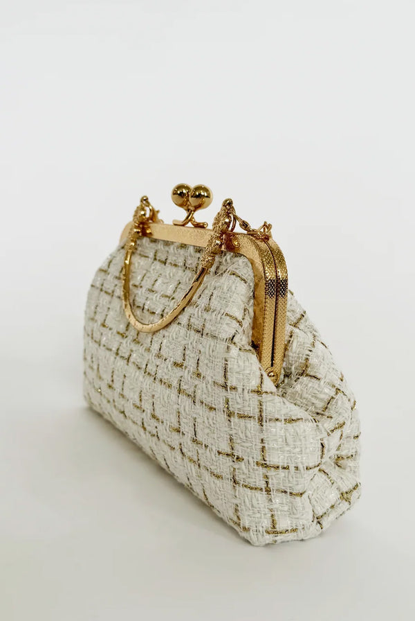 Goddiva White And Gold Boucle Cross Body Bag By SVNX
