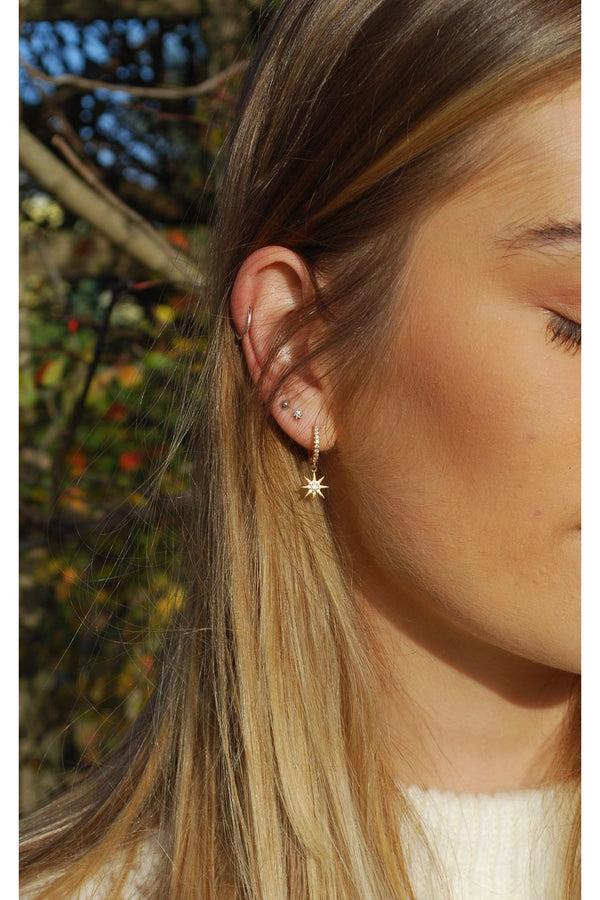 Goddiva White Cubic Zirconia Star Moon Drop Huggie Earring In Gold By Last True Angel