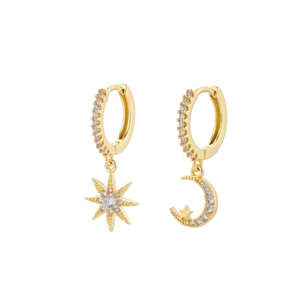 goddiva White Cubic Zirconia Star Moon Drop Huggie Earring In Gold by Last True Angel