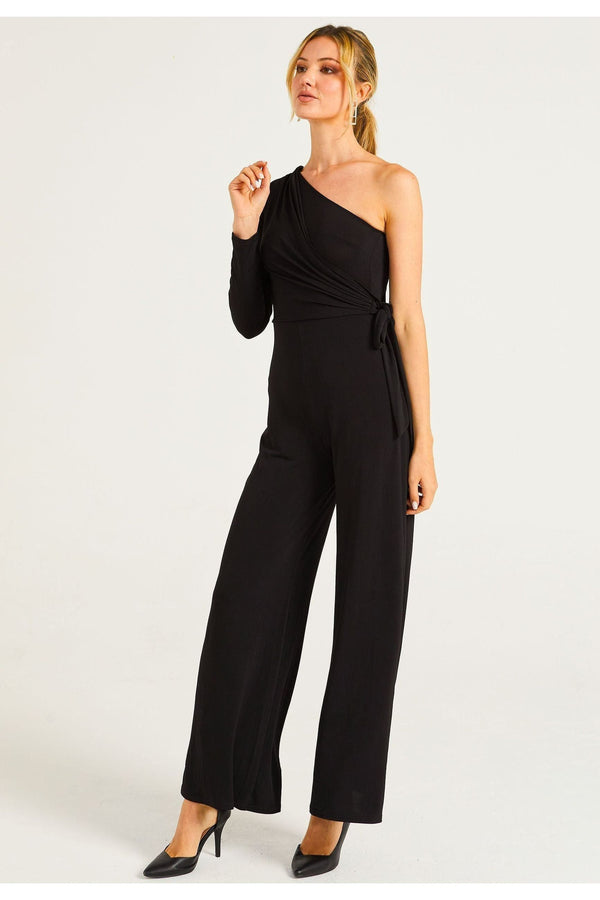 Goddiva Wide Leg Jumpsuit In One Shoulder Long Sleeve By Angeleye