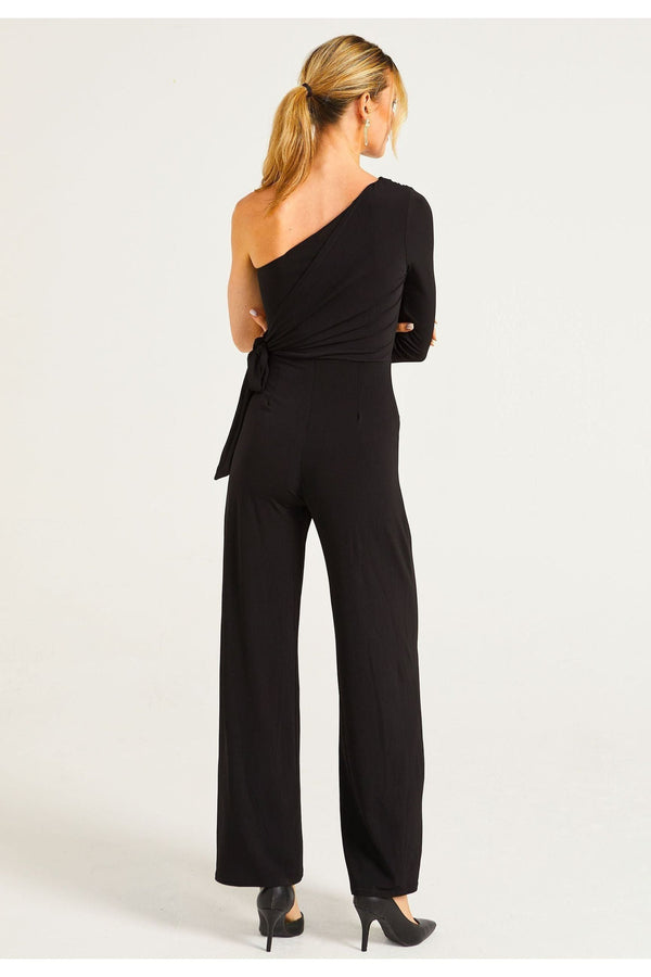 Goddiva Wide Leg Jumpsuit In One Shoulder Long Sleeve By Angeleye