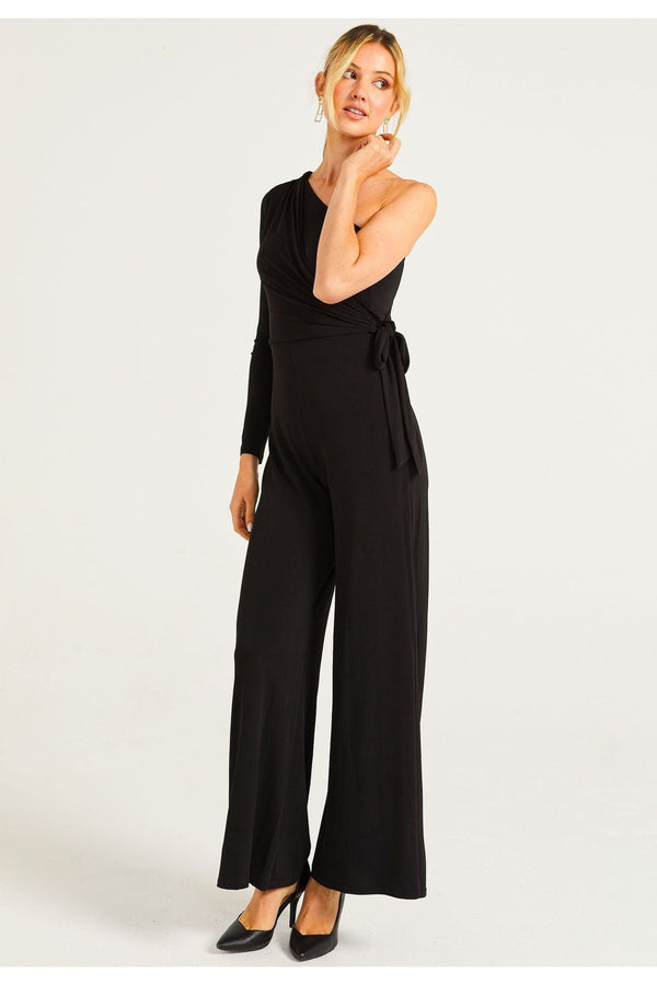 Goddiva Wide Leg Jumpsuit In One Shoulder Long Sleeve By Angeleye