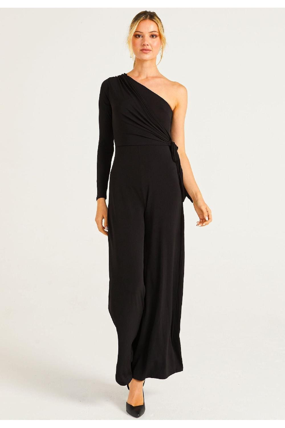 goddiva Wide Leg Jumpsuit In One Shoulder Long Sleeve by Angeleye