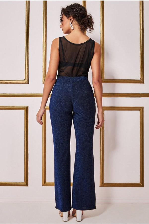 Goddiva Wide Leg Lurex Trouser - Royal Blue By Goddiva