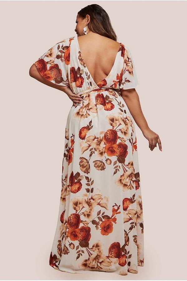 Goddiva Wrap Back Flutter Sleeve Maxi - Beige By Goddiva Plus