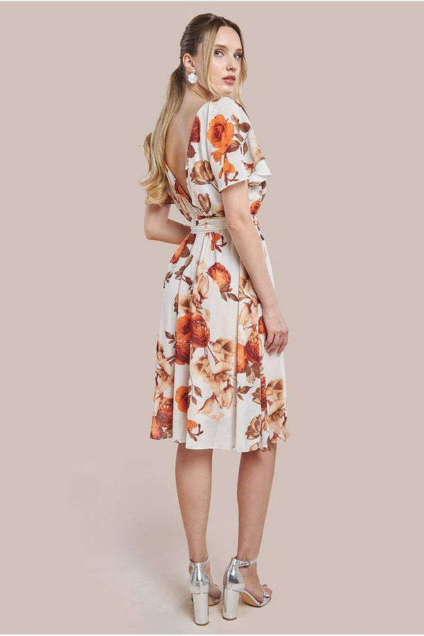 Goddiva Wrap Back Flutter Sleeve Midi - Beige By Goddiva