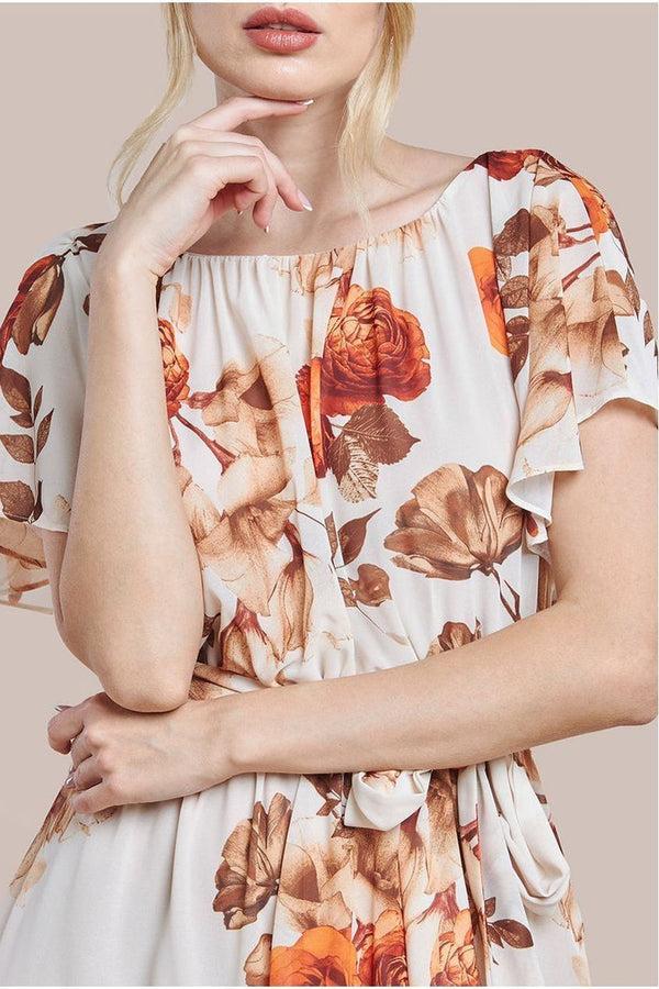 Goddiva Wrap Back Flutter Sleeve Midi - Beige By Goddiva