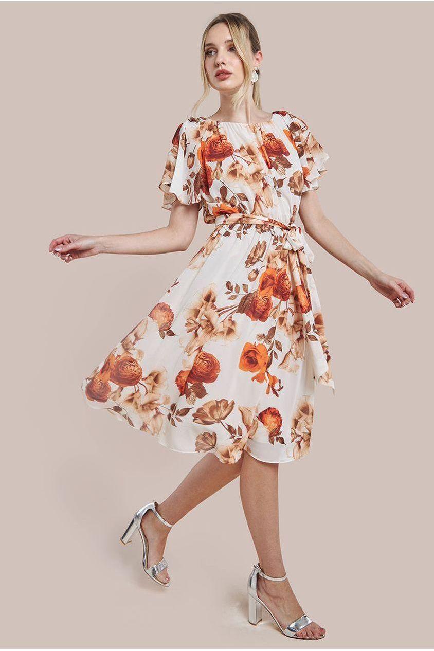 goddiva Wrap Back Flutter Sleeve Midi - Beige by Goddiva