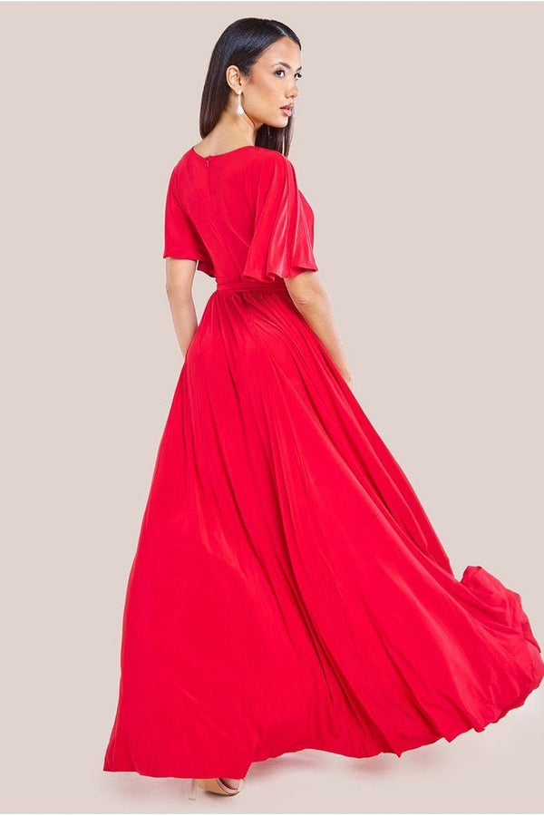 Goddiva Wrap Front Maxi With Flutter Sleeves - Red By Goddiva