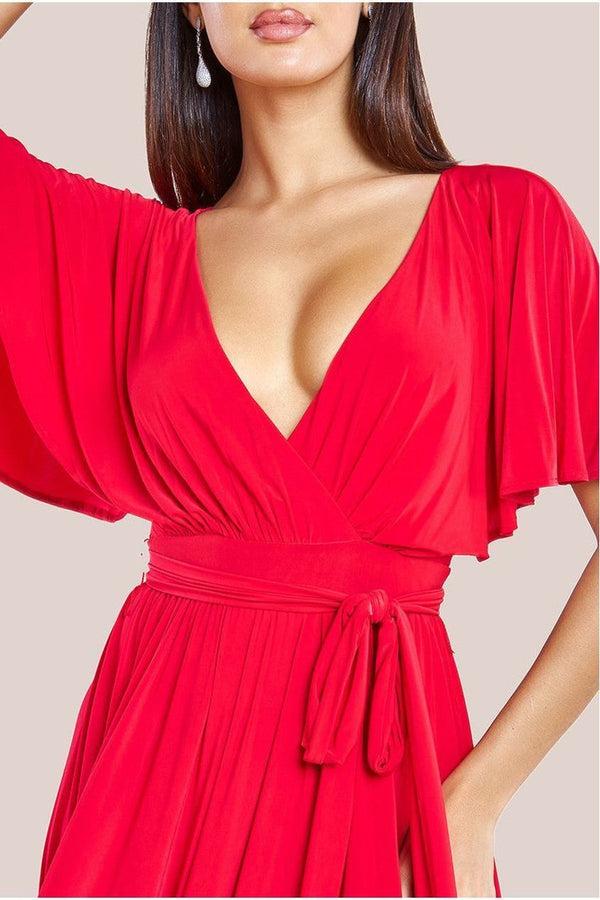 Goddiva Wrap Front Maxi With Flutter Sleeves - Red By Goddiva
