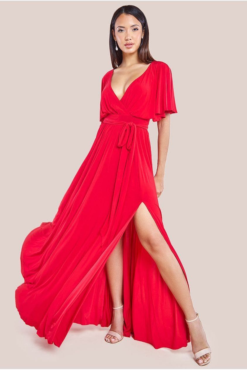 goddiva Wrap Front Maxi With Flutter Sleeves - Red by Goddiva